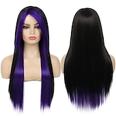 abordables Perruques de fête-Perruques bleues longues bleu noir perruque soyeuse droite synthétique résistant à la chaleur côté frange cheveux perruques pour femmes filles halloween perruques