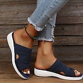 ieftine Sandale confortabile-sandale cu slip-on din tricot bleumarin pentru damă, cu talpă confortabilă - papuci casual cu vârf deschis pentru vară