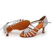 abordables Chaussures de danses latines-Chaussures de danse latine argentées et scintillantes pour femmes, sandales de danse à talons hauts et brides croisées avec semelle en daim pour la salsa latine