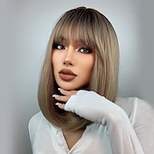voordelige Synthetische trendy pruiken-synthetische pruik natuurlijk recht met pony pruik 16 inch ombre bruin synthetisch haar vrouwen natuurlijke mode pluizig bruin