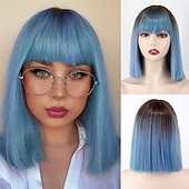 cheap Synthetic Trendy Wigs-Short Bob White Wig with Bangs Silver White Short Wigs for Women Straight Bob White Cospaly Hair Wig for Daily Party Halloween
