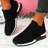 abordables Zapatillas de mujer-Zapatillas blancas de punto sin cordones para mujer: zapatos para caminar ligeros y transpirables con detalle dorado en el talón para uso casual, viajes y fitness.