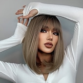 voordelige Synthetische trendy pruiken-synthetische pruik natuurlijk recht met pony pruik 16 inch ombre bruin synthetisch haar vrouwen natuurlijke mode pluizig bruin