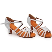 abordables Chaussures de danses latines-Chaussures de danse latine argentées et scintillantes pour femmes, sandales de danse à talons hauts et brides croisées avec semelle en daim pour la salsa latine