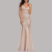 abordables Robes de fête-Robe de soirée sirène dorée en sequins pour les invités de mariage tenue de fête longueur au sol sans manches décolleté en V masque robe à impressionner