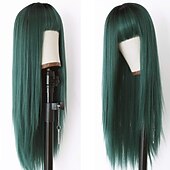abordables Perruques Synthétiques Sans Bonnet-vert perruque cheveux raides perruque avec air frange machine perruque racine profonde gradient vert 2 couleurs longue fibre résistante à la chaleur cheveux synthétiques colle libre 24 pouces