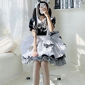 baratos Vestidos Lolita-Lolita Doce lolita Tamanhos Grandes Lolita Casual Vestidos Ternos de Empregadas Mulheres Japanês Trajes de cosplay Preto Côr Sólida Manga Curta / Avental / Avental