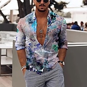 preiswerte Pflanzen Muster-Herren Blumen Hemd Knopfhemd Langarm Vintage Party Designer Täglich Festtage Wochenende Frühling Herbst Kragen Klassischer Kragen Bedruckt Rote Blau Grün