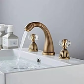 cheap Multi Holes-Widespread Bathroom Sink Mixer Faucet, 3 Holes 2 Handle Basin Tap, Retro Style Crystal Handle Brass Bathroom Sink Faucet Contain with Supply Lines and Hot Cold Water Hose Deck Mounted
