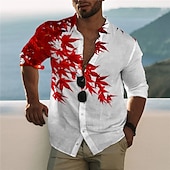 billige Tropiske planter-Herre Blader Tropiske planter Skjorte Hawaii skjorte Aloha skjorte Langermet Skjorte Høy krage Mote Designer Fritid utendørs Feriereise Avslappet Rød 3D-utskrift S M L