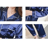 cheap Women&#039;s Sleepwear-Women&#039;s Gift Pajamas Sets Home Party Daily Basic Pure Color Satin Simple Casual Soft Shirt Pant Fall Spring Summer Shirt Collar Long Sleeve Long Pant Buckle Pocket Home Outfits
