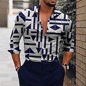 preiswerte Geometrische Muster-Herren Geometrische Muster Geometrie Hemd Knopfhemd Langarm Modisch Designer Brautkleider schlicht Outdoor Casual Festtage Sommer Frühling Umlegekragen Bedruckt Button-Down Marineblau