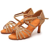 abordables Chaussures de danses latines-Chaussures de danse latine argentées et scintillantes pour femmes, sandales de danse à talons hauts et brides croisées avec semelle en daim pour la salsa latine