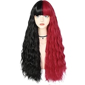 voordelige Synthetische trendy pruiken-zwarte tot rode pruik vrouwen lange golvende pruik kant kleur synthetische hittebestendige pruik voor dagelijks party kostuum halloween kerstfeest pruiken