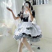 baratos Vestidos Lolita-Lolita Doce lolita Tamanhos Grandes Lolita Casual Vestidos Ternos de Empregadas Mulheres Japanês Trajes de cosplay Preto Côr Sólida Manga Curta / Avental / Avental