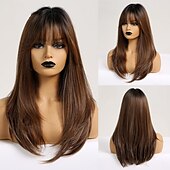 halpa Synteettiset trendikkäät peruukit-blondi peruukit otsatukkailla pitkät suorat peruukit ombre musta blondi saarniperuukit otsatukkalla lämmönkestävät synteettiset peruukit afroamerikkalaisille naisille joulujuhlaperuukit barbiecore