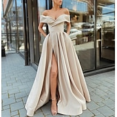 abordables VERT-Mariage Plage Robe de Soirée A-Line Style Célébrité Robe Prom Longueur de Sol Manches Courtes Col V Automne Invité de Mariage Satin avec Fente