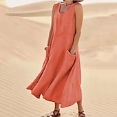 abordables Vestidos para el trabajo-vestido casual de mujer vestido de algodón vestido de cambio vestido midi azul rosa caqui sin mangas color puro bolsillo primavera verano cuello redondo básico diario vacaciones fin de semana ajuste suelto 2023 s m l xl xxl