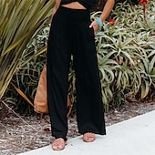 cheap Pants-Women&#039;s Cotton Linen Pants Wide Leg Trousers Fashion Casual Lounge Full Length High Waist Baggy Micro-elastic Vacation Daily Apple Green Black White Dark Navy Autumn / Fall