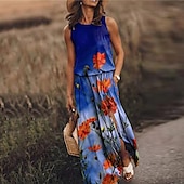 abordables Robes fleuries élégantes-Femme Robe longue maxi Robe casual Robe ethnique robe boheme mode Décontractées Extérieur Vacances du quotidien Ample Floral à imprimé arc-en-ciel Sans Manches Col Ras du Cou Jaune Rose Claire Bleu