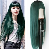 abordables Perruques Synthétiques Sans Bonnet-vert perruque cheveux raides perruque avec air frange machine perruque racine profonde gradient vert 2 couleurs longue fibre résistante à la chaleur cheveux synthétiques colle libre 24 pouces