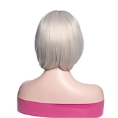 preiswerte Trendige synthetische Perücken-Graue Perücken für Frauen, synthetische Perücke, natürlicher gerader Bob mit Pony, Perücke, blond, hellgolden, rosa, blond, braun, weiß, 35,6 cm, für tägliche Party, Weihnachtsfeier-Perücken,