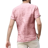 cheap Classic-Men&#039;s Linen Shirt Band Collar Shirt Summer Shirt Beach Wear Casual Shirt Solid Color Outdoor Street Black White Light Green Blue Short Sleeve Henley Summer Spring Clothing Apparel Button-Down