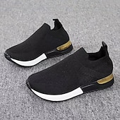 levne Dámské tenisky-dámské černé úpletové slip-on tenisky – stylové neformální boty se zlatým akcentem na podpatku, lehké a pohodlné na denní nošení