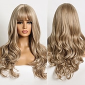 economico Parrucche trendy sintetiche-parrucche bionde con frangia parrucche bionde ondulate per donna capelli biondi chiari naturali morbidi parrucca con frangia fibra resistente al calore parrucca di capelli sintetici parrucche per