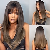 economico Parrucche trendy sintetiche-parrucche sintetiche dritte marrone scuro con capelli a strati naturali per le donne cosplay quotidiane fibre resistenti al calore parrucche per feste di natale da 20 pollici