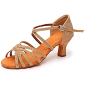 abordables Chaussures de danses latines-Chaussures de danse latine argentées et scintillantes pour femmes, sandales de danse à talons hauts et brides croisées avec semelle en daim pour la salsa latine