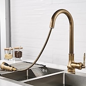 abordables Robinets de cuisine-Robinet de cuisine avec pulvérisateur, extractible en laiton antique, mode de sortie à 3 fonctions, poignée unique, évier à un trou, robinets de cuisine avec distributeur de savon ou vidange