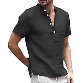 cheap Classic-Men&#039;s Linen Shirt Band Collar Shirt Summer Shirt Beach Wear Casual Shirt Solid Color Outdoor Street Black White Light Green Blue Short Sleeve Henley Summer Spring Clothing Apparel Button-Down