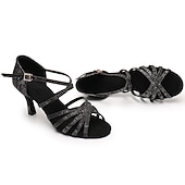 abordables Chaussures de danses latines-Chaussures de danse latine argentées et scintillantes pour femmes, sandales de danse à talons hauts et brides croisées avec semelle en daim pour la salsa latine