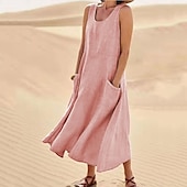 abordables Vestidos para el trabajo-vestido casual de mujer vestido de algodón vestido de cambio vestido midi azul rosa caqui sin mangas color puro bolsillo primavera verano cuello redondo básico diario vacaciones fin de semana ajuste suelto 2023 s m l xl xxl