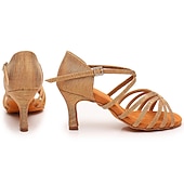 abordables Chaussures de danses latines-Chaussures de danse latine argentées et scintillantes pour femmes, sandales de danse à talons hauts et brides croisées avec semelle en daim pour la salsa latine