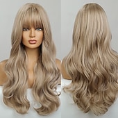 economico Parrucche trendy sintetiche-parrucche bionde con frangia parrucche bionde ondulate per donna capelli biondi chiari naturali morbidi parrucca con frangia fibra resistente al calore parrucca di capelli sintetici parrucche per