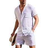 billiga Basic skjortor för män-Herr linneskjorta Linneskjorta i bomull Vit bomullsskjorta 2 delar Skjorta set Sommarskjorta Slät Utomhus Gata Svart Vit Armégrön Beige Kortärmad Nedvikt Sommar Kläder Button-Down