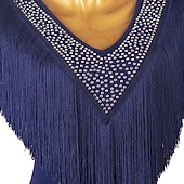 preiswerte Kleidung für lateinamerikanische Tänze-Tanz-Salsa-Latin-Tanzkleid mit Fransen, Quasten, Kristallen/Strasssteinen, Damen, Performance-Training, lange Ärmel, Chinlon