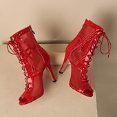 tanie Buty do tańca-damskie czarne lakierowane buty do tańca ze sztucznej skóry, sznurowane, z siateczki, buty z odkrytymi palcami i wysokim obcasem do tańca latynoskiego, salsy i towarzyskiego