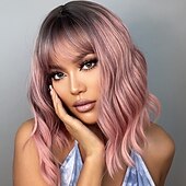 economico Parrucche trendy sintetiche-parrucca bob con frangetta rosa/marrone scuro/ramato/vino/verde parrucche sintetiche per donne afroamericane parrucche naturali del cuoio capelluto 18 pollici parrucche giornaliere per feste