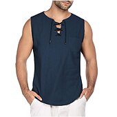 お買い得  ビジネスカジュアル-男性用 リネンシャツ サマーシャツ ビーチシャツ アンダーシャツ 平織り アウトドア バケーション ブラック グレー ノースリーブ ラウンドネック 衣類