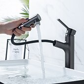 voordelige Klassiek-wastafelmengkraan voor de badkamer, uittrekbaar met 2-standen sproeier, uittrekbare wastafelkranen met enkele handgreep, op het blad gemonteerd
