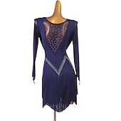 preiswerte Kleidung für lateinamerikanische Tänze-Tanz-Salsa-Latin-Tanzkleid mit Fransen, Quasten, Kristallen/Strasssteinen, Damen, Performance-Training, lange Ärmel, Chinlon
