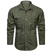 preiswerte Arbeitshemden für Herren-Herren Knopfhemd Hemd Cargo-Shirt Schwarz Weiß Armeegrün Khaki Dunkelblau Langarm Feste Farbe Umlegekragen Strasse Täglich Vordertasche Bekleidung Baumwolle Modisch Brautkleider schlicht Komfortabel