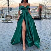 abordables VERT-Mariage Plage Robe de Soirée A-Line Style Célébrité Robe Prom Longueur de Sol Manches Courtes Col V Automne Invité de Mariage Satin avec Fente