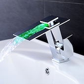 cheap LED Faucets-Bathroom Faucet LED Waterfall Spout 3 Color Changes with Temperature, Sink Mixer Mono Basin Taps, Single Handle One Hole Brass Washroom Vessel Tap Deck Mounted