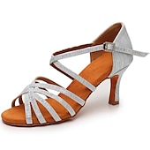 abordables Chaussures de danses latines-Chaussures de danse latine argentées et scintillantes pour femmes, sandales de danse à talons hauts et brides croisées avec semelle en daim pour la salsa latine