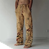お買い得  メンズプリントカジュアルパンツ-男性用 ズボン サマーパンツ ビーチパンツ 弾性巾着デザイン フロントポケット まっすぐな足 グラフィック フラワー 履き心地よい ソフト カジュアル 日常 休暇のために リネンのような生地 ファッション デザイナー ホワイト グリーン