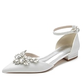 abordables Semi-formel-ballerines en satin blanc pour femmes avec motif floral en strass – chaussures de mariage ou de soirée élégantes à bout pointu